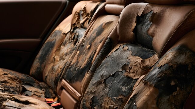 Severely damaged brown leather car seats show extensive burn and tear marks