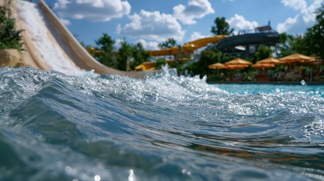 Water's edge view of a splashing pool with water slides and umbrellas