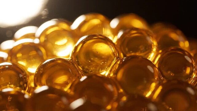 Close-Up Exploration of Glimmering Amber Spheres Showcasing Textured Surface and Light Reflection in a Darkened Environment