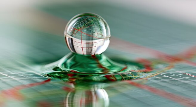 Magnified water drop on paper, reflecting a grid and lines
