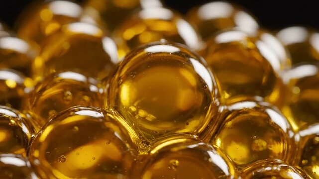 A Close-Up Exploration of Gleaming Golden Spheres: Reflective, Transparent Orbs Forming a Beautiful Pattern of Light and Texture