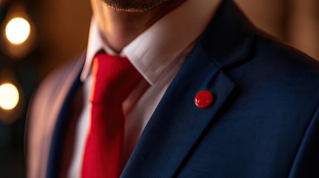 Sharp navy suit with red tie, white shirt, and red lapel pin