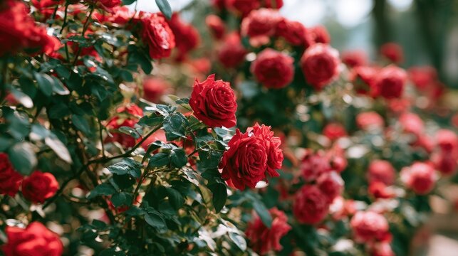Lush red roses bloom vibrantly amidst green foliage, soft light filtering through