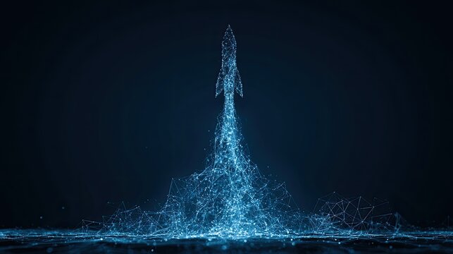 Abstract glowing particles form a rocket launching into dark space