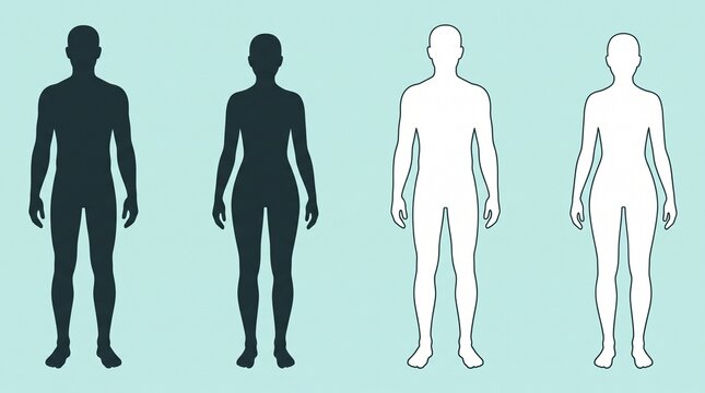 A minimalist vector graphic presenting a comparison row of four full-body human silhouettes, featuring a male and female pair in solid dark grey and another pair in white outline on a light blue backg