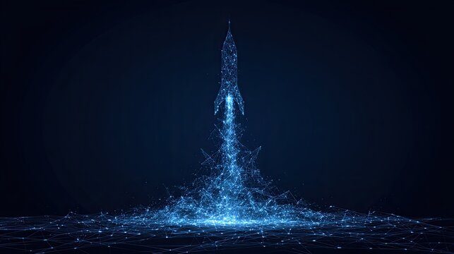 Digital rocket launching from a glowing blue network, representing growth and innovation