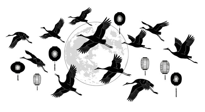 Japanese Cranes Flying Around Full Moon with Traditional Lanterns
