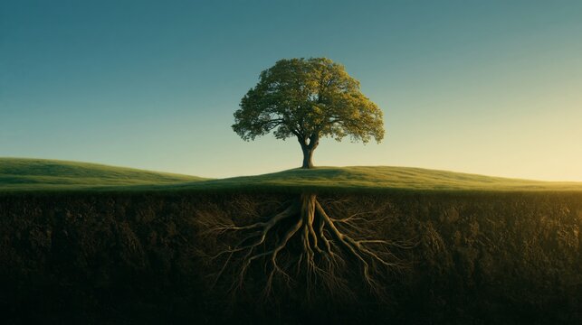 Ancient Oak Tree with Massive Underground Root Network Revealed Through Earth Cross Section, Symbol of Hidden Strength, Growth and Natural Foundation, Photorealistic Nature Concept
