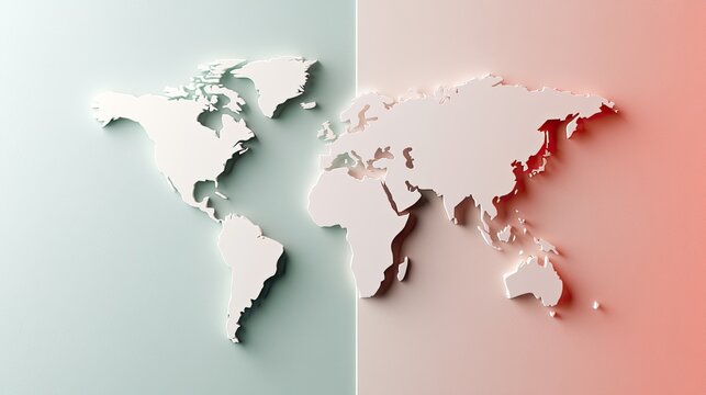 Embossed continents create a split global map with contrasting cool and warm color gradients