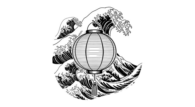 Japanese Lantern with Ocean Waves Drawing