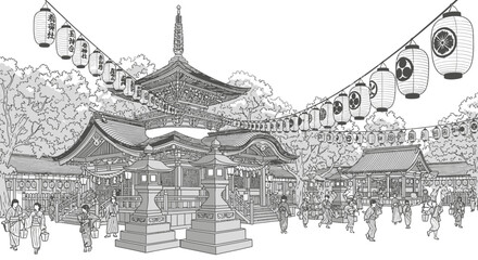 Japanese Shrine Festival with Traditional Lanterns and People © asbutytyd
