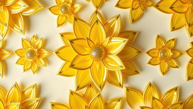 Luxury seamless pattern of stylized chrysanthemum petals made of citrine gemstone and gold