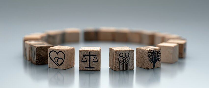 Wooden blocks with symbols of heart, scales, people, and tree form a circle