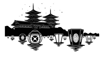 Fototapeta premium Japanese Temple Silhouette with Floating River Lanterns