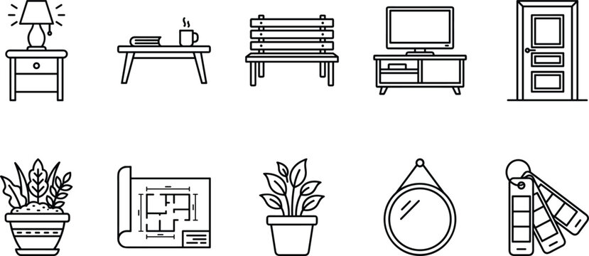 Set of outline icons representing interior design elements and furniture symbols for home decor graphic projects.