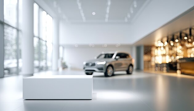 Modern showroom with silver SUV, white display, and blurred background