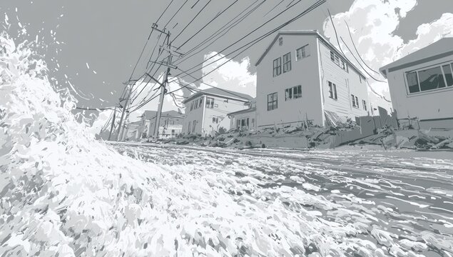 An overwhelming wave surges down a street, engulfing houses and power lines