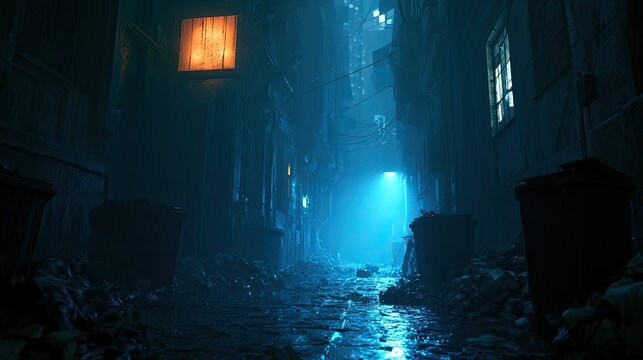Gloomy, trash-strewn alleyway illuminated by distant blue light and a single glowing window