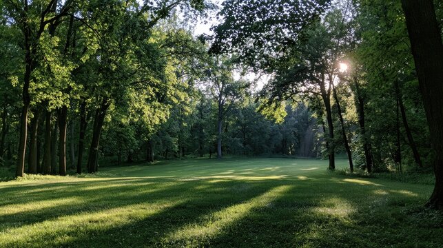 Sunlit forest clearing with dappled shadows on lush green grass