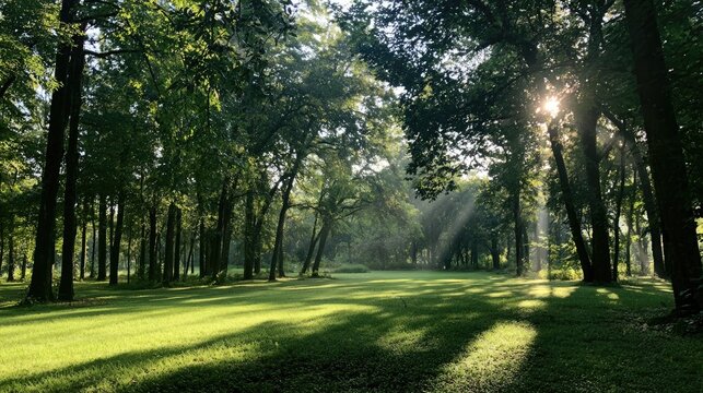 Sunbeams pierce through lush green forest, illuminating a grassy clearing