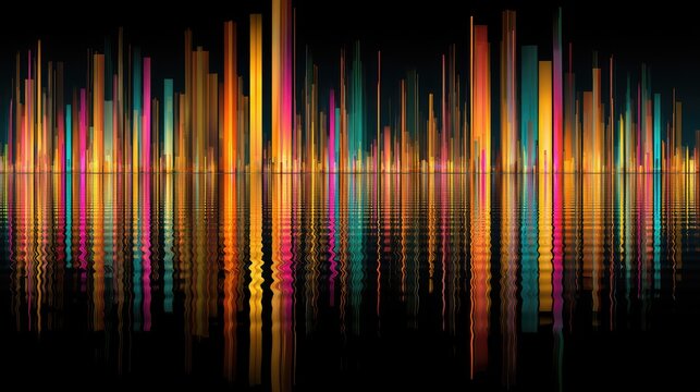 Vibrant, abstract equalizer bars reflected on rippling water surface