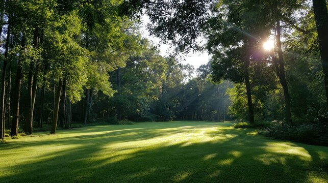 Sunlight streams through lush trees, illuminating a verdant, open lawn