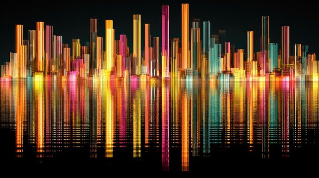 Blurred, glowing cityscape reflections shimmer on dark water