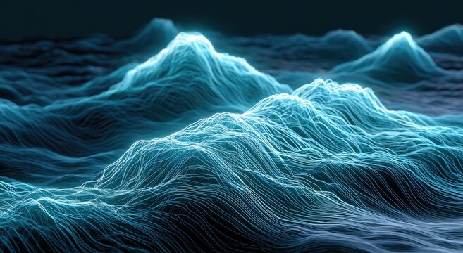 Ethereal glowing blue waves rise and fall in undulating abstract landscape