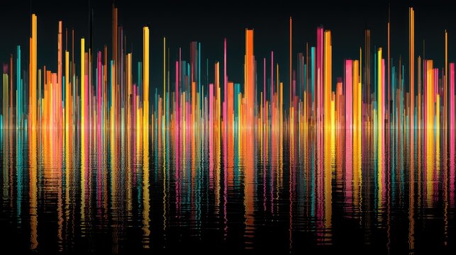 Vertical glowing lines reflected in dark, rippling water