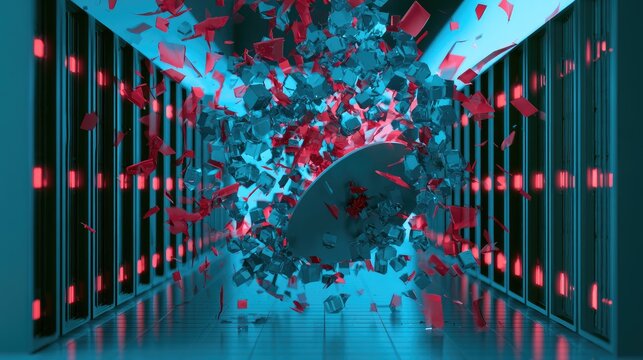 Abstract digital explosion of shattered geometric shapes in a dark, glowing server room