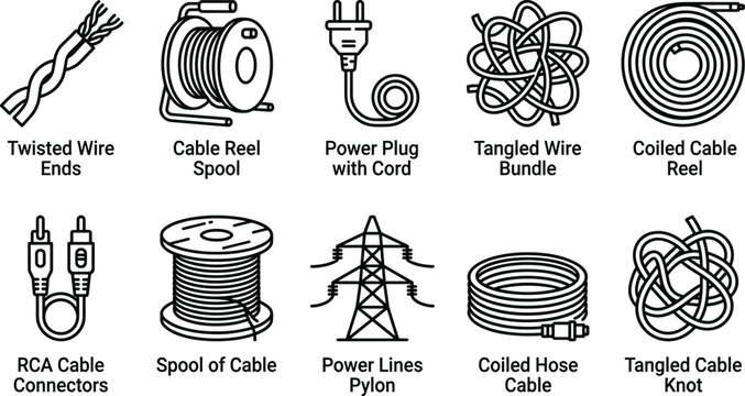 Set of wire and cable icons, electric cords, spools, plugs and tangled bundles with text.