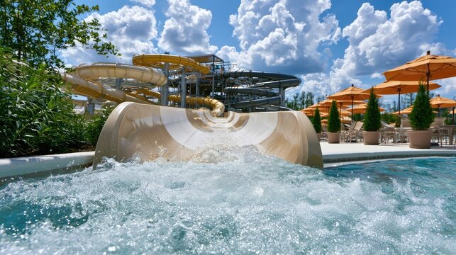 Exciting water slides at a sunny resort, with splashing pool and umbrellas
