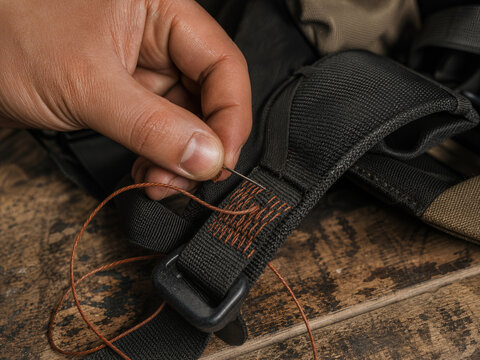 R&eacute;paration visible d'une sangle de sac en tissu