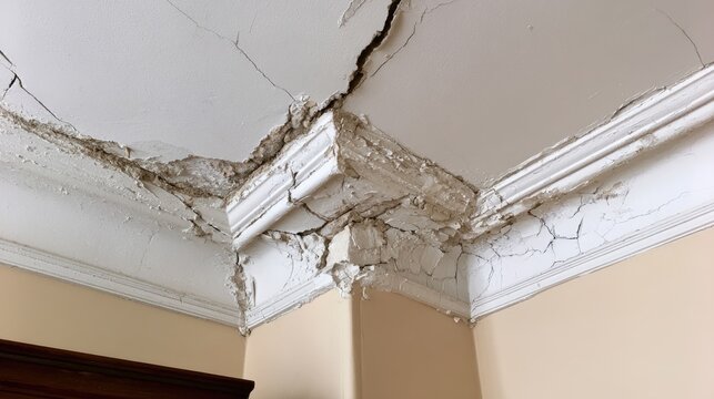 Severe ceiling cracks and plaster damage in an interior corner