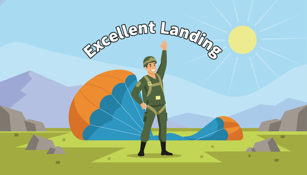 Soldier paratrooper waving his hand happily after an excellent parachute landing in a valley with mountains.