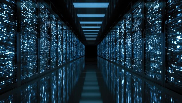 Rows of server racks glowing with blue light in a futuristic data center