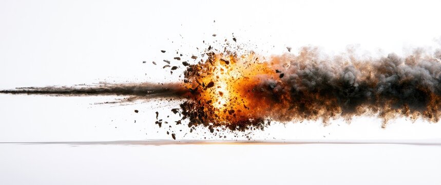 Intense explosion erupts with fiery core, debris, and dark smoke