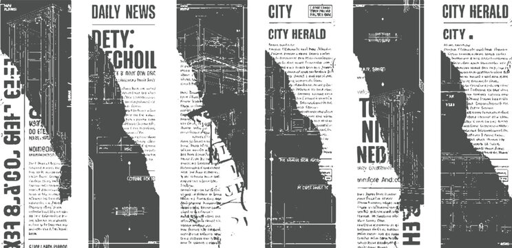 Collage of torn and distressed newspaper pages with headlines and text vintage