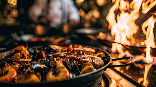 Seafood paella sizzles in a pan with flames licking the side