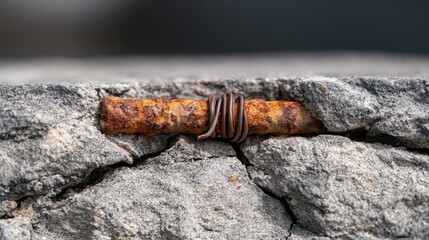 Fototapeta premium Close-up of rusted metal bar protruding from cracked concrete