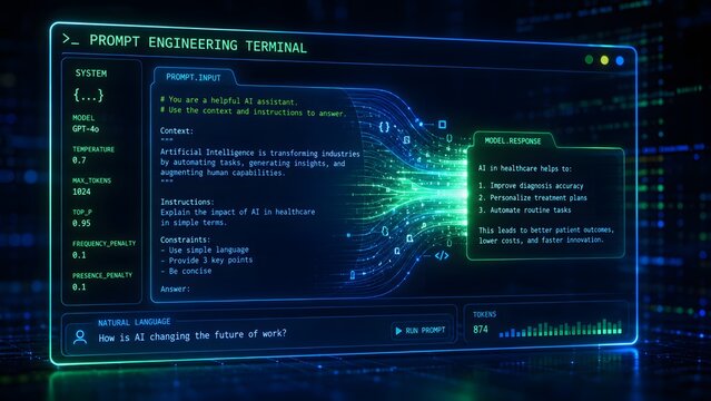 Prompt engineering terminal interface with AI assistant code, futuristic digital dashboard for large language model development, glowing blue technology screen