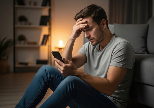 Depressed Man Feeling Anxious and Stressed While Checking Bad News on Mobile Phone at Home