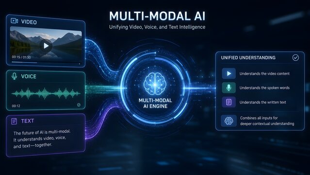 Multi-modal AI engine concept, artificial intelligence unifying video voice and text data, futuristic digital interface for machine learning technology