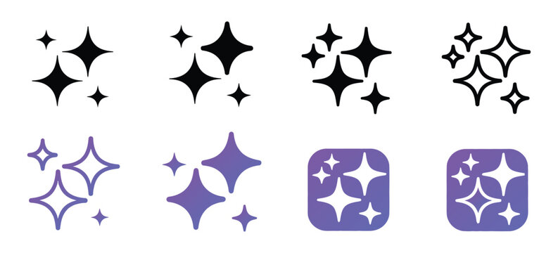 Generative AI sparkle icon set, star square symbols, machine learning interface, artificial intelligence, UI UX buttons, app icons, website elements, vector illustration.