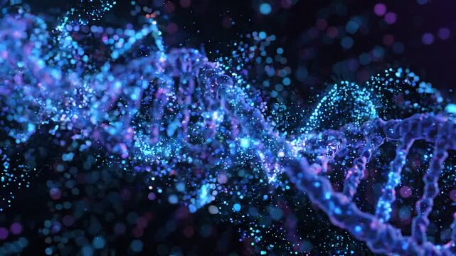 A Stunning Visualization of DNA Helix with Vibrant Particles Illustrating Genetic Complexity and Molecular Interactions in a Dark Background