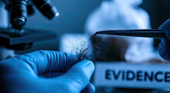 Gloved hand holds hair sample with tweezers near microscope