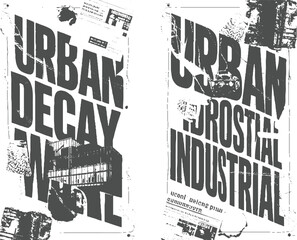 Obraz premium Urban decay industrial grunge collage with distressed text and building silhouettes