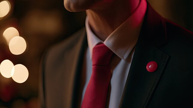 Elegant man in suit, red tie, and lapel pin, soft bokeh lights