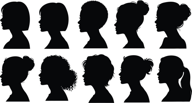 Female head side view silhouettes set featuring diverse hair styles fashion cuts buns and ponytails for beauty salon vector graphics.