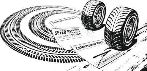 Two racing tires and tire tracks on a white background with championship race and speed record papers © appl